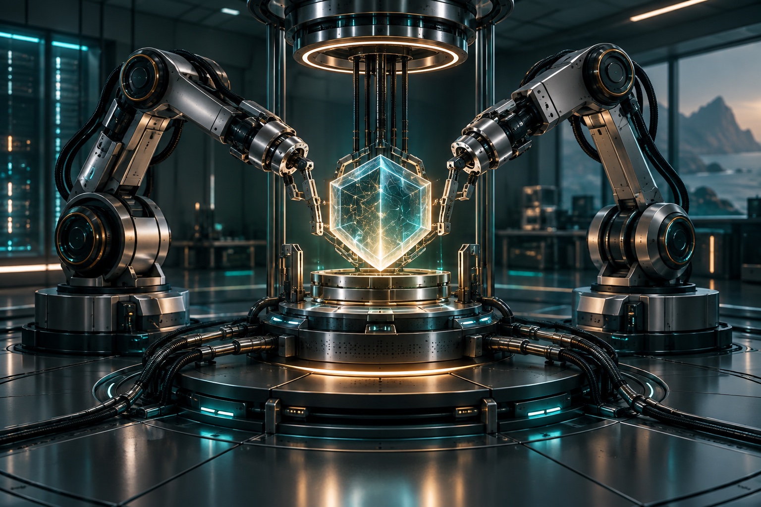 Concept illustration of robotic arms protecting an illuminated computing core