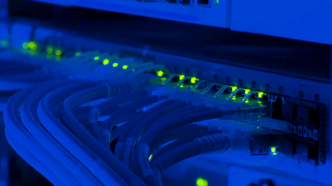 Network cables and illuminated ports connecting business equipment